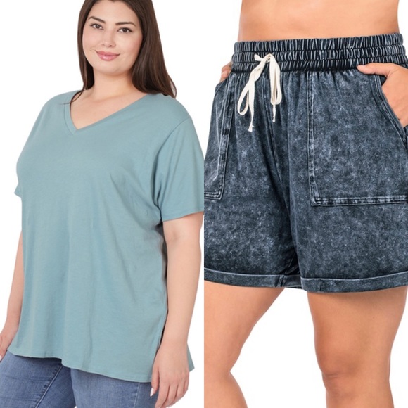 Blue Mineral Wash Drawstring Cuffed Short Set - Picture 1 of 5